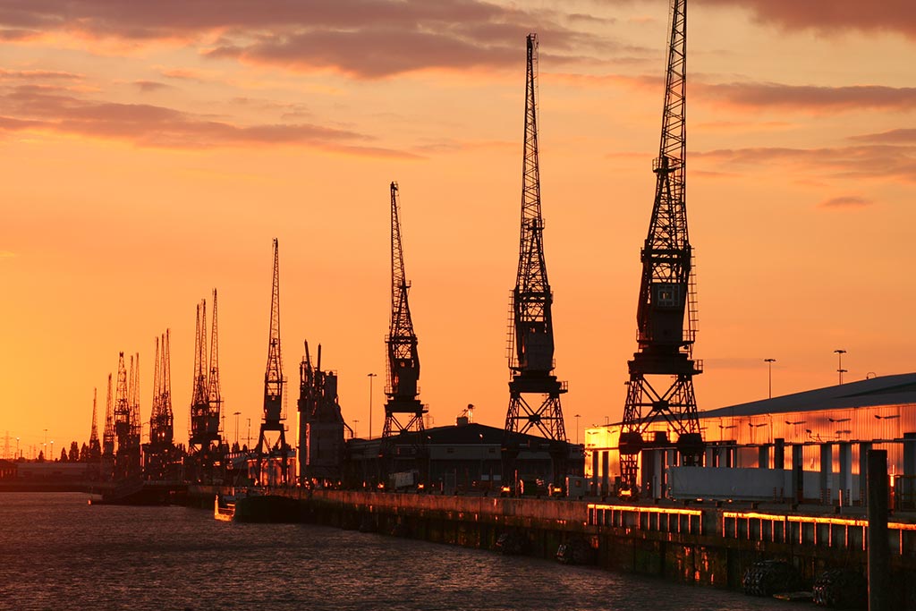 Amazing sunset bathing Southampton Docks in golden red light. Taken from Mayflower Park.