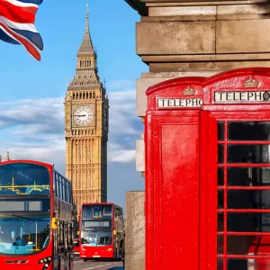 London Big Ben, double-decker bus and red telephone box